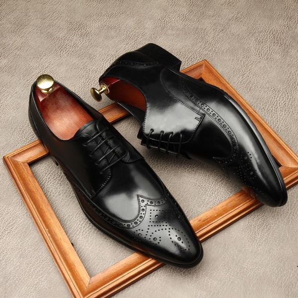 

dress shoes 2021 men formal leather oxford for dressing wedding men's brogues office lace up genuine, Black
