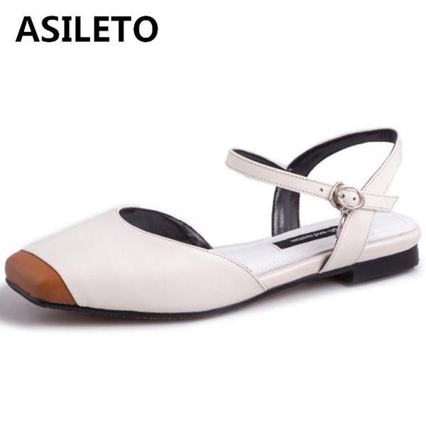 

sandals asileto female noble spring autumn square toe 1cm heels genuine leather belt buckle size 33-39 leisure s1884, Black