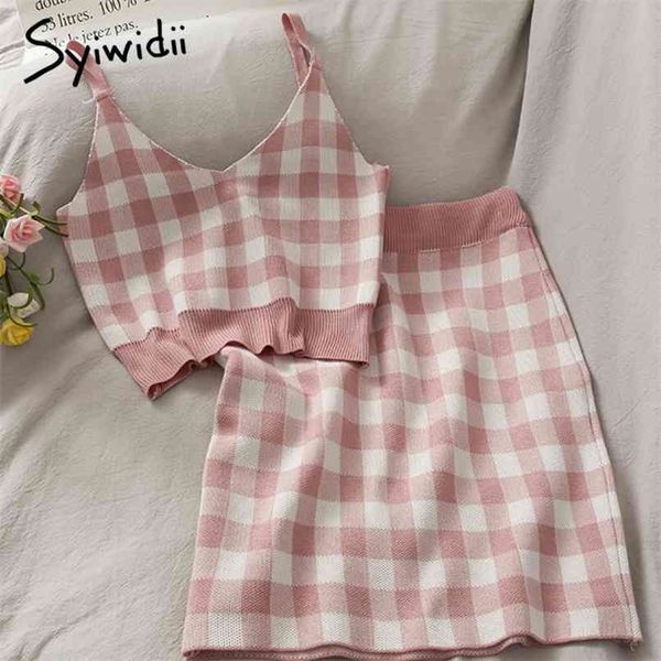 

2 piece skirts sets women knitted plaid outfits tank sweatshirt summer sleeveless v-neck spaghetti crop 210607, White