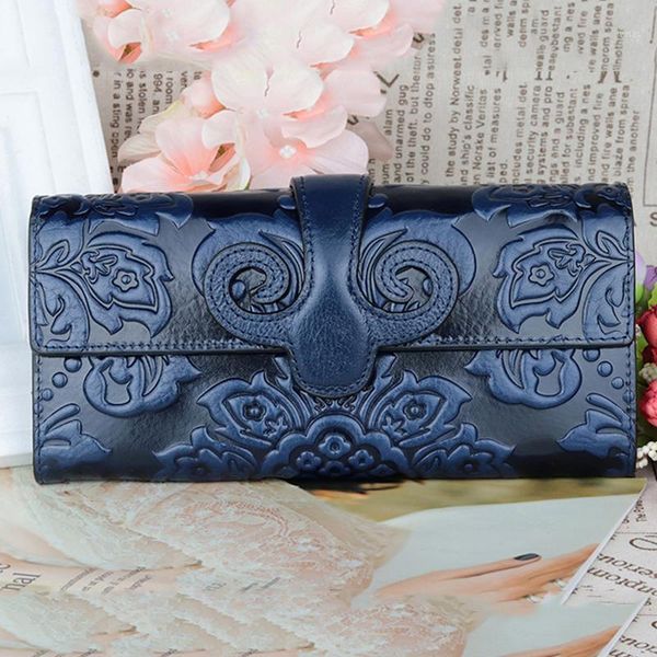 

black/blue floral embossing women wallet lady purse long geunine leather zipper wallets multifunctional1, Red;black