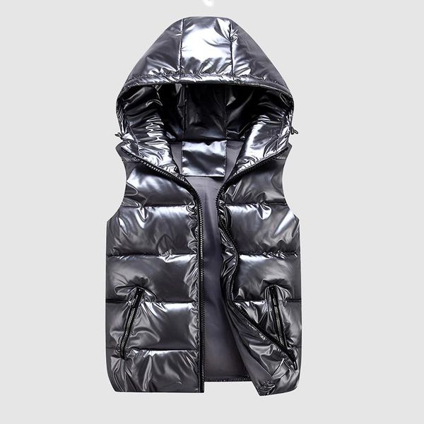 

women's vests 2021 winter glossy hooded bodywarm waterproof hoodied zipper big pocket vest coat harajuku bf loose waistcoat female, Black;white