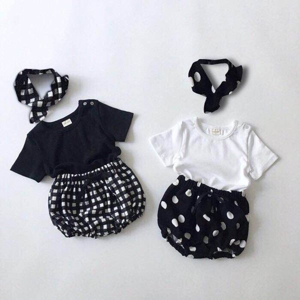 Kızlar Giyim Setleri Yaz Bebek Nokta Ekose Kısa Kollu Bluz Üst + PP Şort Saç Kemer 210429 için Set Üç Parçası Set