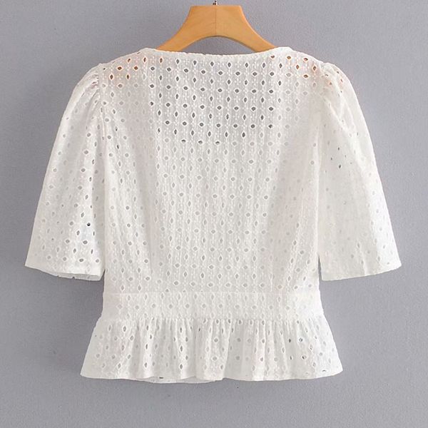 

blouses square collar hollow harajuku sweet single-breasted simple female shirt french retro embroidery chic women's, White