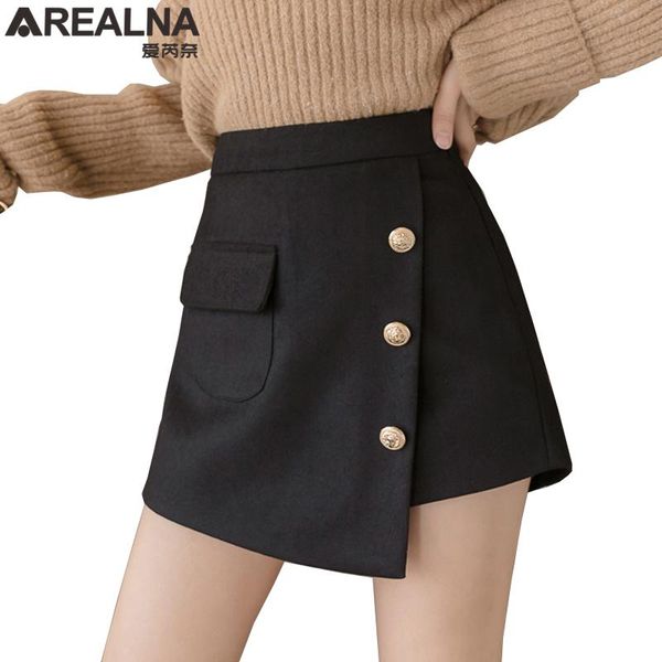 

skirts vintage autumn winter solid womens elegant ladies pockets high waist skorts fashion skirt black woolen short