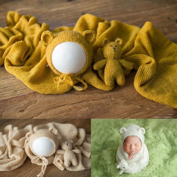 

caps & hats baby pography props wool knitted blanket hat and doll born po prop shoot studio accessories, Yellow