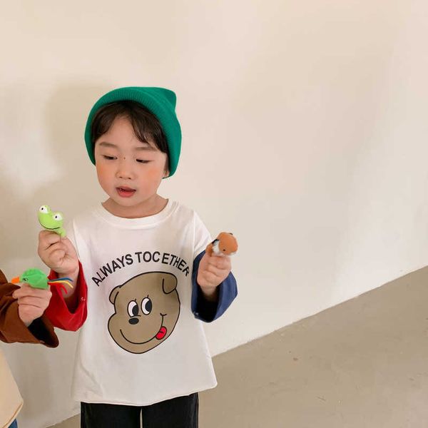 

spring summer cartoon dog printing t-shirts kids boys girls patchwork long sleeve casual tee 210615, Blue