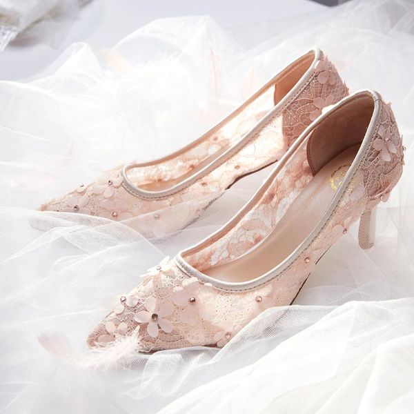 

fairy gauze pink wedding shoes women 2021 lace openwork high-heeled dress bride's fine-heeled bridesmaids, Black
