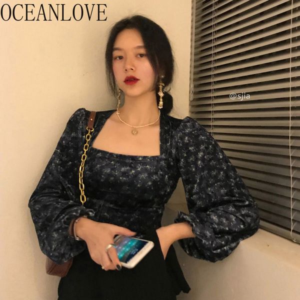 

women blouses vintage print square neck puff sleeve blusas mujer floral spring autumn shirts elegant 19381 210415, White