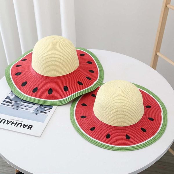 

beanies summer kids straw sun hat boys girls watermelon pattern sunshade beach outdoor travel foldable fisherman caps 2021 #yj