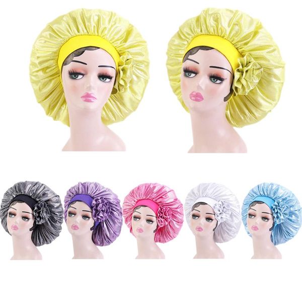 

beanie/skull caps large satin big flower bonnet sleep cap elastic band for women solid color head wrap glitter nightcap night hat beanies sk, Blue;gray