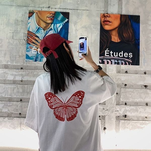 

summer ins korean wind loose student butterfly letter joker print tide, White