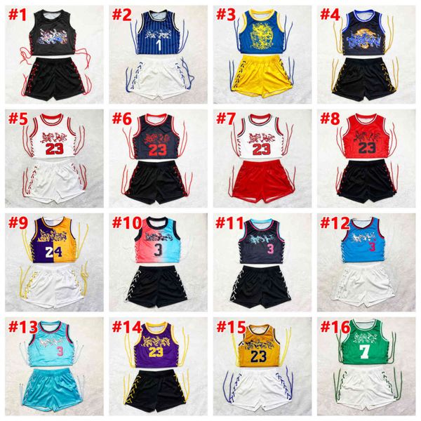 Fatos esportivos femininos sensuais Conjunto de calças de duas peças de basquete Roupas de bebê Moda Terno curto sem mangas Colete com estampa de letras Calças de corrida Ternos