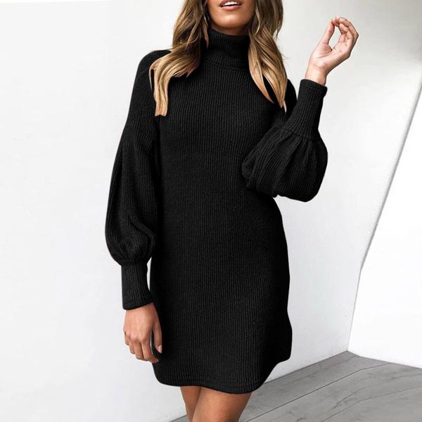 

oversized knitted dress sweater autumn 2021 solid long sleeve casual elegant mini warm winter turtleneck women #3 dresses, Black;gray