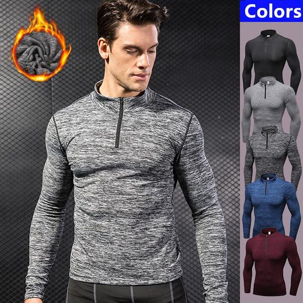 

gym clothing men autumn winter warm fitness running training long-sleeved stretch tight standing collar t-shirt, White;black