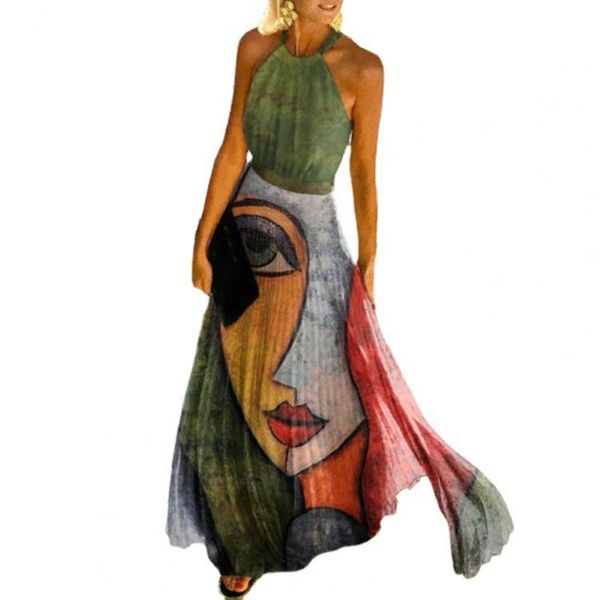 

casual dresses fashion ladies dress 5 colors halter high waist off shoulder abstract painting for summer beach, Black;gray