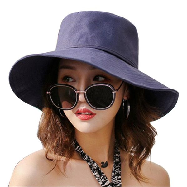 

summer women uv-protection sun hats fashion ladies wide brim caps foldable cotton bowknot outdoor beach muts, Blue;gray