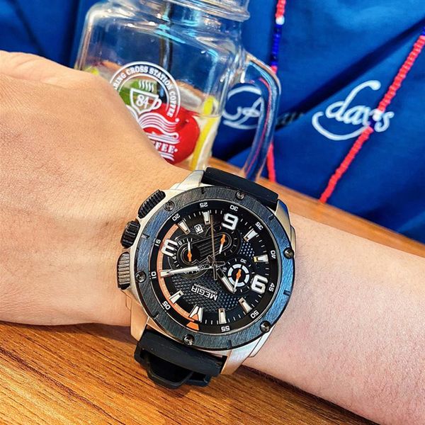 

wristwatches megir men sports watches military army clocks men's silicone chronograph quartz wrist watch male reloj hombre, Slivery;brown