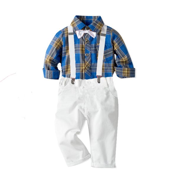 

trendy autumn baby boy clothes for toddler kids set plaid + white pants with strip 3pcs outfits new style