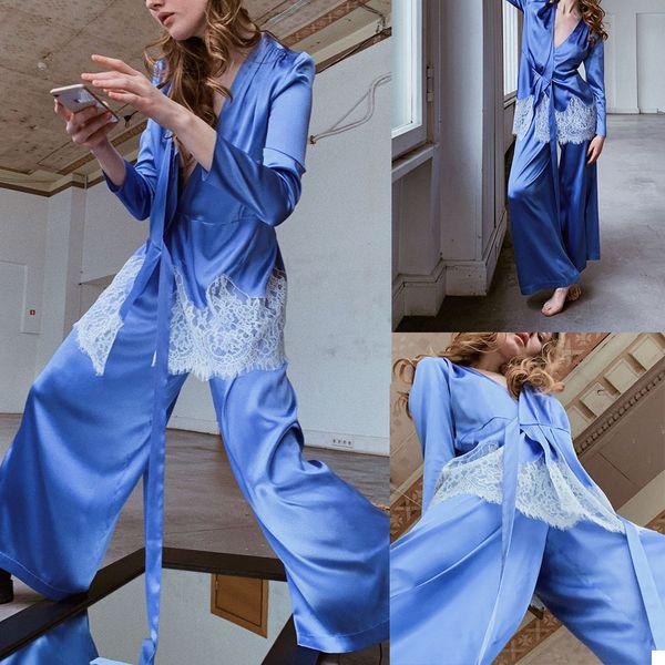 

women autumn sleepwear satin silk bridal long formal evening pants suits party robes p shoot pajama sets robe de soiree, White