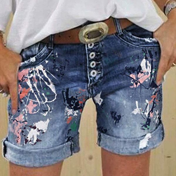 

fashion summer plus size women shorts pattern printing denim ladies short jeans for printed high waist female women's, Blue