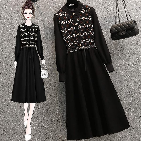 

casual dresses in autumn and winter medium length versatile knitted stitched dress with foreign temperament thin, Black;gray