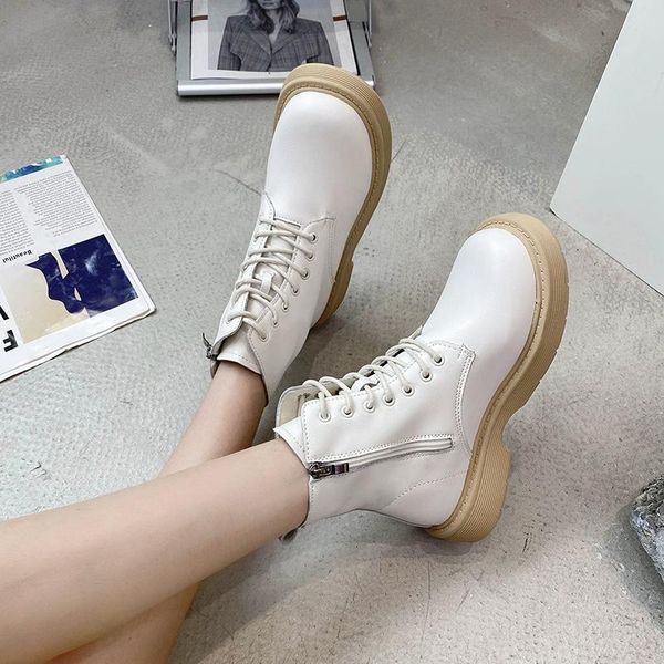 

boots women's british style european and american fashion students round toe flat bottom lace up 2021 ladies casual, Black