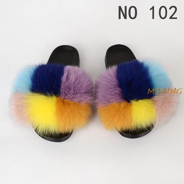 

women furry slippers ladies shoes plush hair fluffy sandals women's mixed color fur summer beach, Black