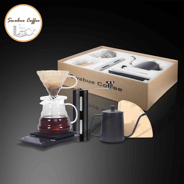 Swabue despeje sobre os conjuntos de café V60 Filtro Papesr Glasse Glasse Pots 500ml Serviços Escala Manual Moedor Cafe Maker 4/5 sets