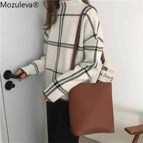 

ins winter women's pullovers sweater fashion plaid turtleneck loose knit full sleeve korean casual 210416, White;black