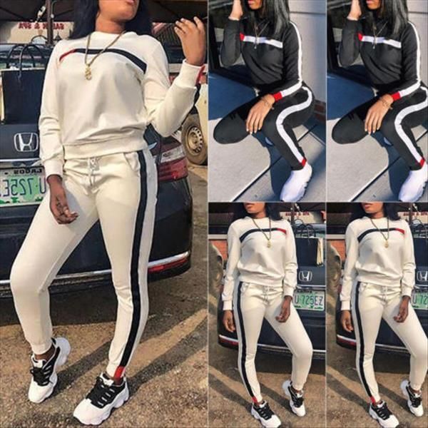 

2 piece set casual womens tracksuits long sleeve o neck slim sport wear high waist pants, Gray