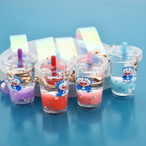 

2021 fashion keychain acrylic oil blue key chain bottle cartoon doll ding dang cat milk tea cup accessories pendant, Slivery;golden