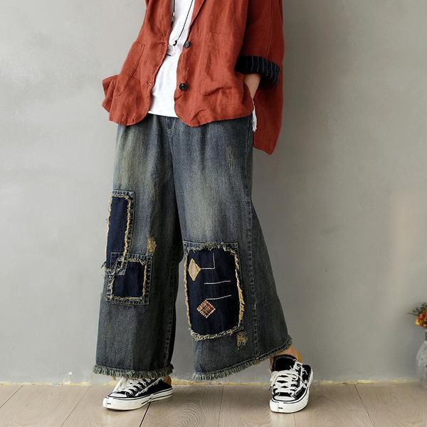 

women's jeans nini wonderland 2021 spring denim pants women cotton cowboy patch tassels wide leg female loose retro autumn spliced, Blue