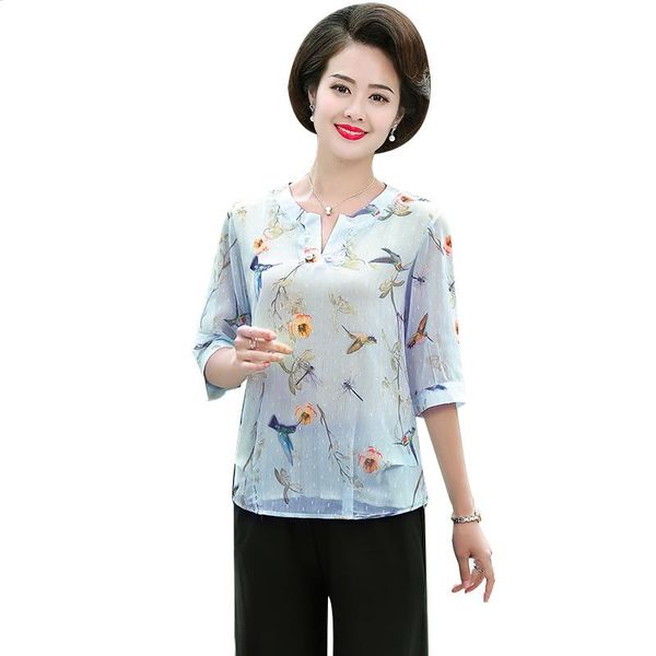

women's blouses & shirts plus size 5xl chiffon flowers and birds blouse women half sleeve clothing korean fashion 2021 tunic shirt, White