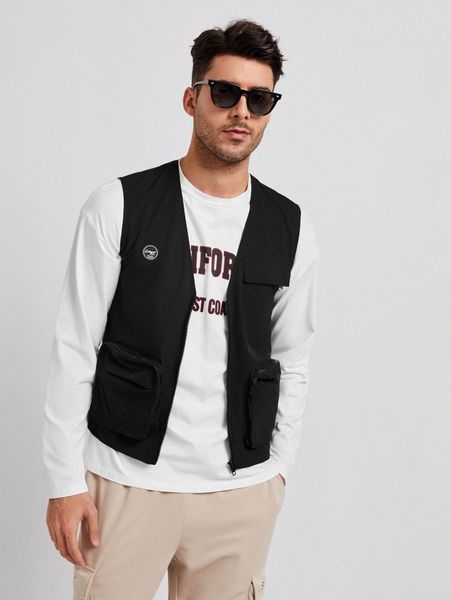 

men letter patched detail pocket front zipper vest jacket 57nt#, Black;brown