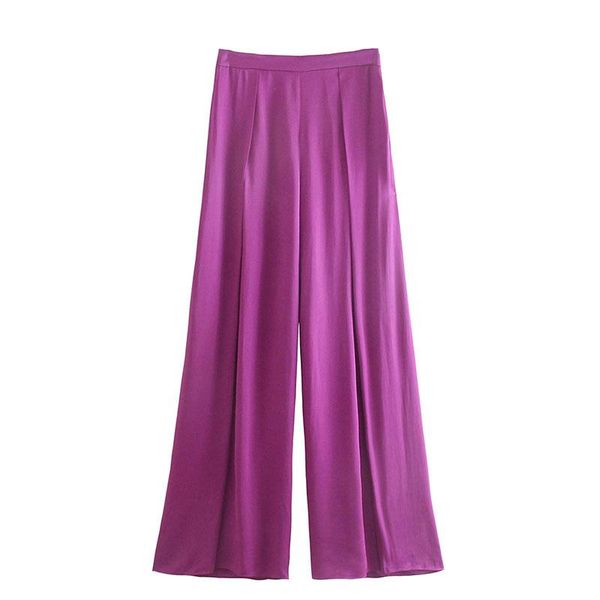 

women's pants & capris nlzgmsj za for women purple satin high waisted woman trousers summer ruched streetwear casual loose wide leg 202, Black;white