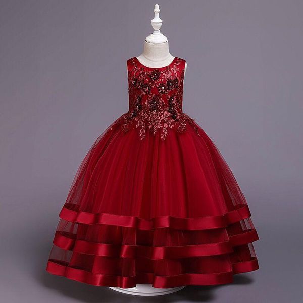 

girl's dresses flower girls illusion appliques crystal tulle lace o-neck floor-length embroidery luxury kids party princess gown f317, Red;yellow