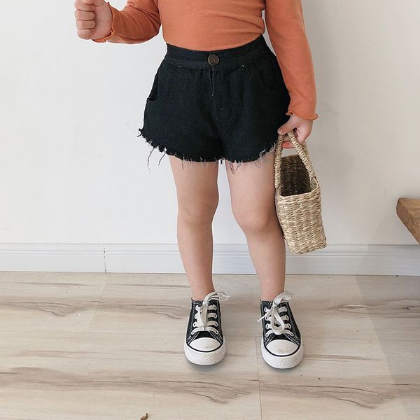 

summer fashion girls denim fringed shorts korean style kids loose black 210508