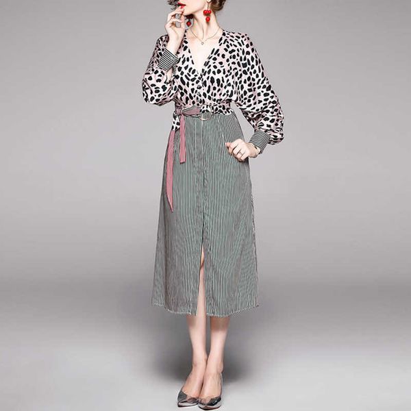 

perhaps u women leopard striped print patchwork v-neck sash lantern long sleeve elegant office lady midi dress d2569 210529, Black;gray