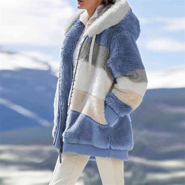 Kadın Ceket Sıcak Peluş Rahat Gevşek Kapüşonlu Ceket Karışık Renk Patchwork Kış Dış Giyim Faux Kürk Fermuar Bayanlar Parka Coat 210728