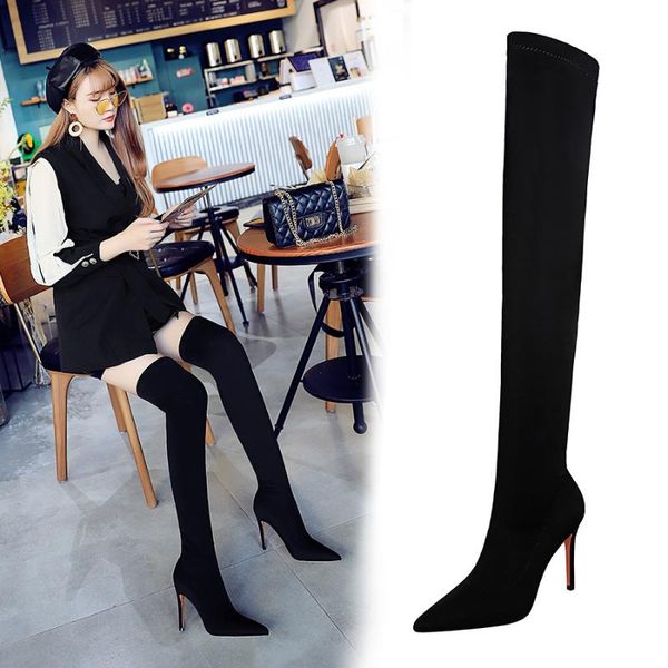 

boots european and american fashion high heel stretch slender pointed nightclub slim pedicure over the knee, Black