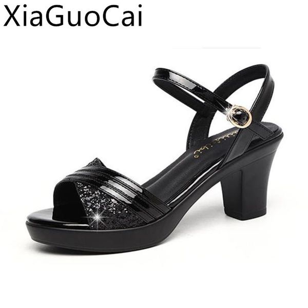 

summer thick heel women sandals 2021 est rhinestone black square heels buckle solid ladies