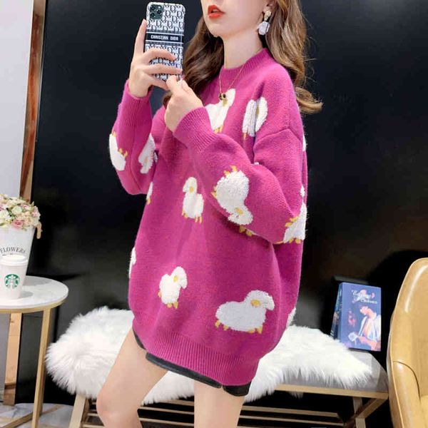 

azyt cartoon sheep print pullover sweater women 2021 o neck loose knit womens jumpers autumn winter fashion knitwear coat, White;black