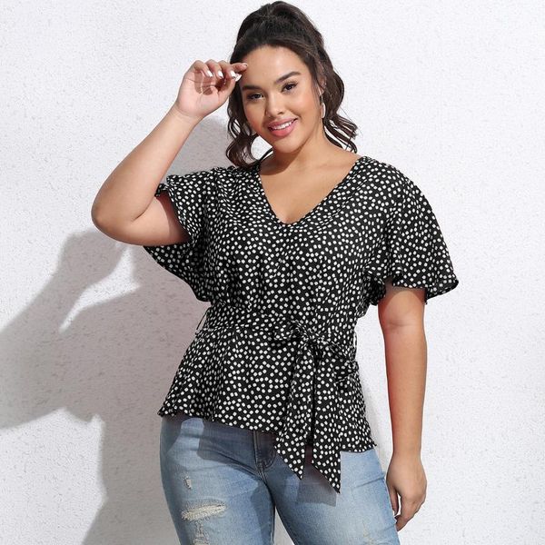 

plus size t-shirt office lady snowflake v-neck bow sashes butterfly sleeves tunic t-shrits vintage elegant temperament shrit 2021, Black