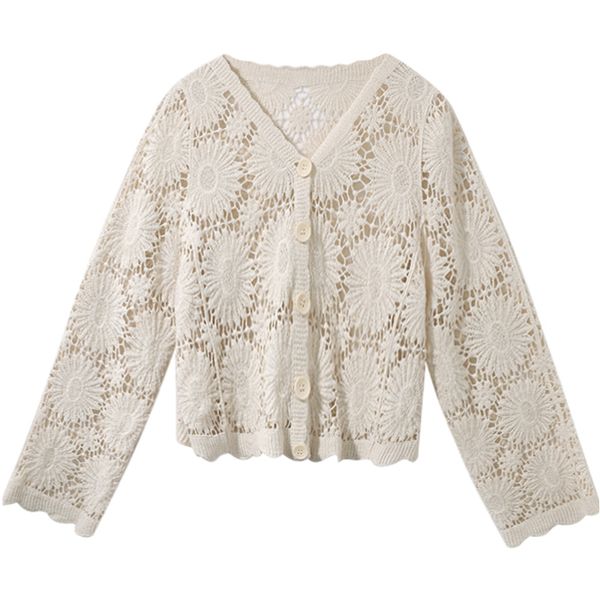 

embroidered floral lace long-sleeved cardigan hollow t-shirt b3003 210514, White