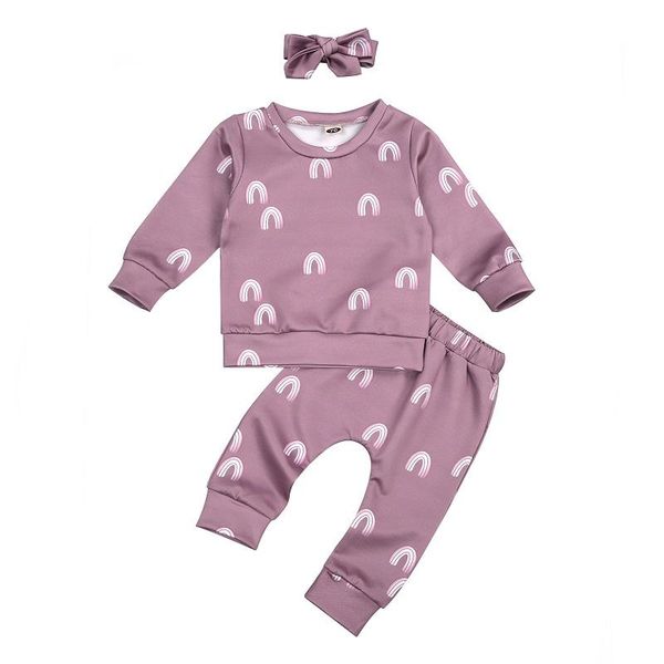 

clothing sets 0-3y born baby boy girl long sleeve rainbow clothes pullover t-shirt pant headband 3pcs set, White