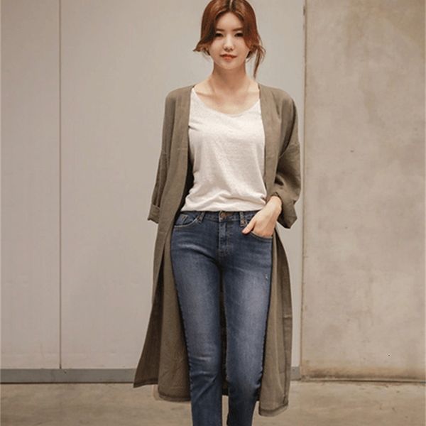 

jacket Female open spring olid cotton linen long sleeve dress in oversized bathrobe a373, Black;brown