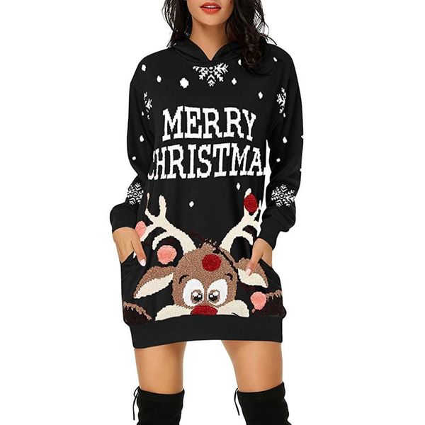 

christmas bodycon dresses women's fashion hoodie bag hip pocket print dress spring autumn clothing for female casual, Black;gray