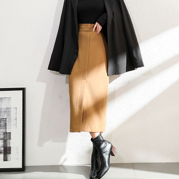 

ol elegant high waist split vintage minimalist skirt autumn winter female work wear package hip skirts womens 210421, Black