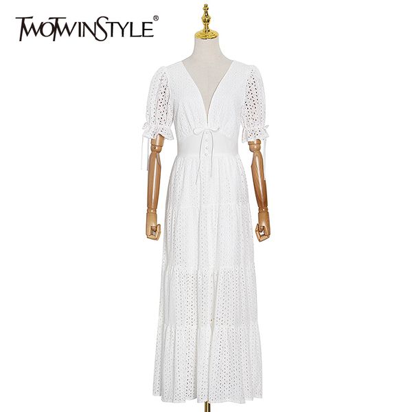 

twotwinstyle lace up bowknot dress for women v neck short puff sleeve high waist elegant dresses female fashion style 210517, Black;gray