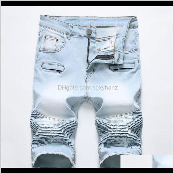 

mens clothing apparel drop delivery 2021 light blue short summer pleated denim cotton stretch jean shorts men zipper casual jean